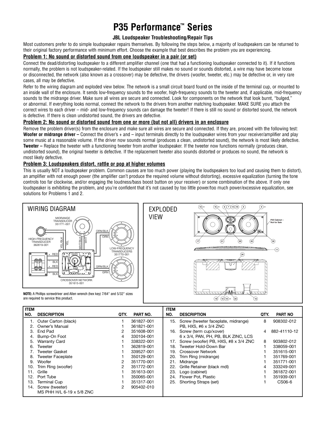 JBL owner manual P35 Performance Series, Wiring Diagram, Exploded View, JBL Loudspeaker Troubleshooting/Repair Tips 