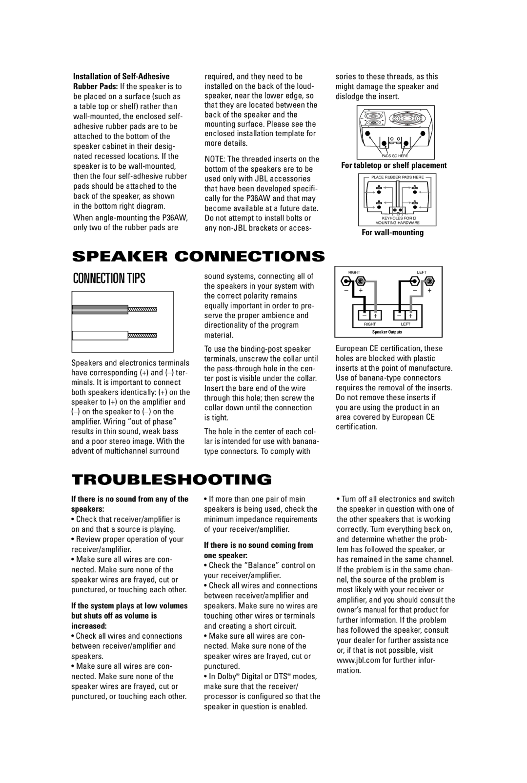 JBL P36AW manual Speaker Connections, Troubleshooting 