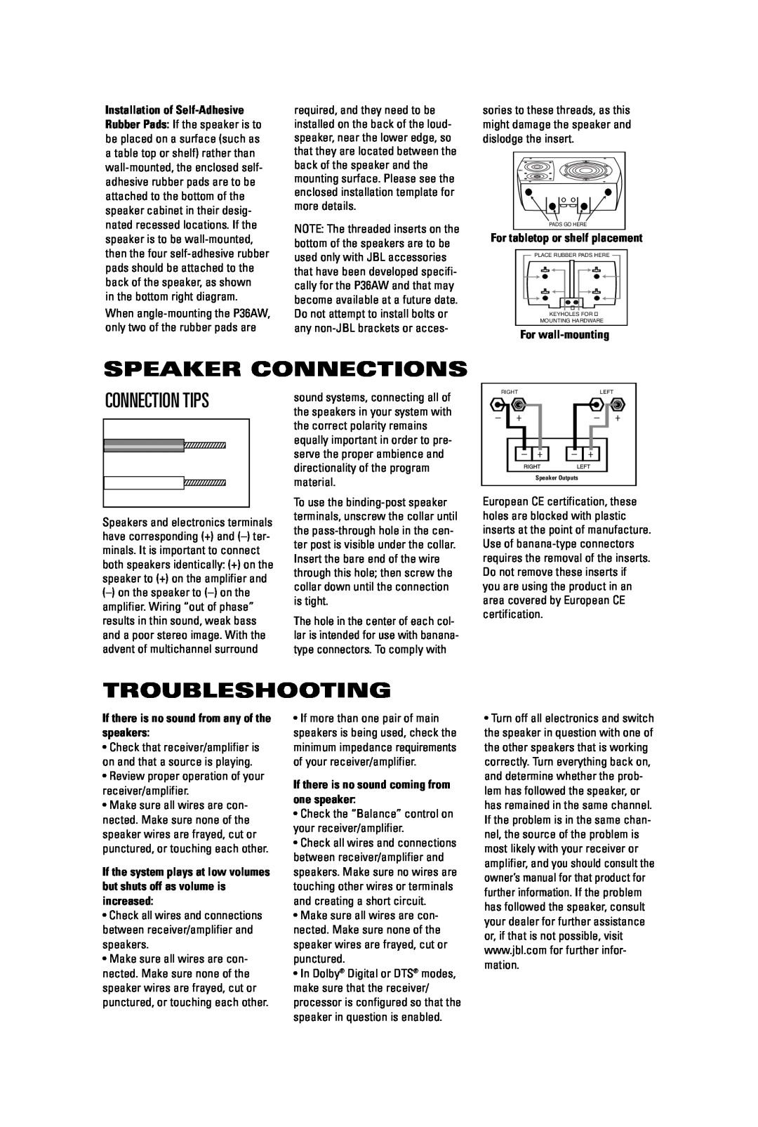 JBL P36AW manual Speaker Connections, Troubleshooting, Connection Tips, For tabletop or shelf placement, For wall-mounting 