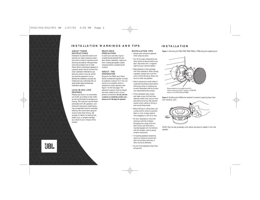 JBL 552, P452, 953, 652 owner manual Installation Warnings and Tips 