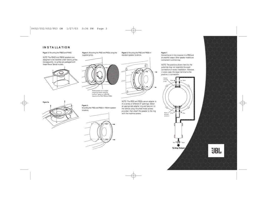 JBL 652, P452, 953, 552 owner manual Installation, Supplied grilles Standard speaker locations 