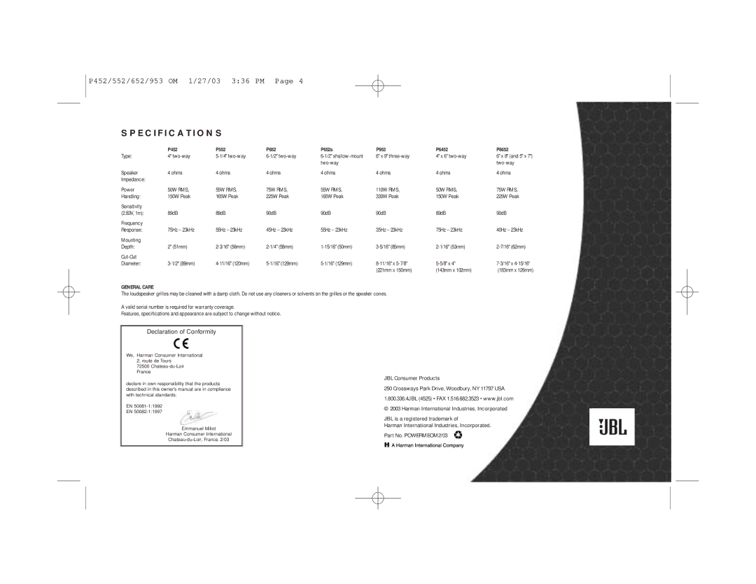 JBL owner manual P452 P552 P652 P652s P953 P6452 P8652, General Care 