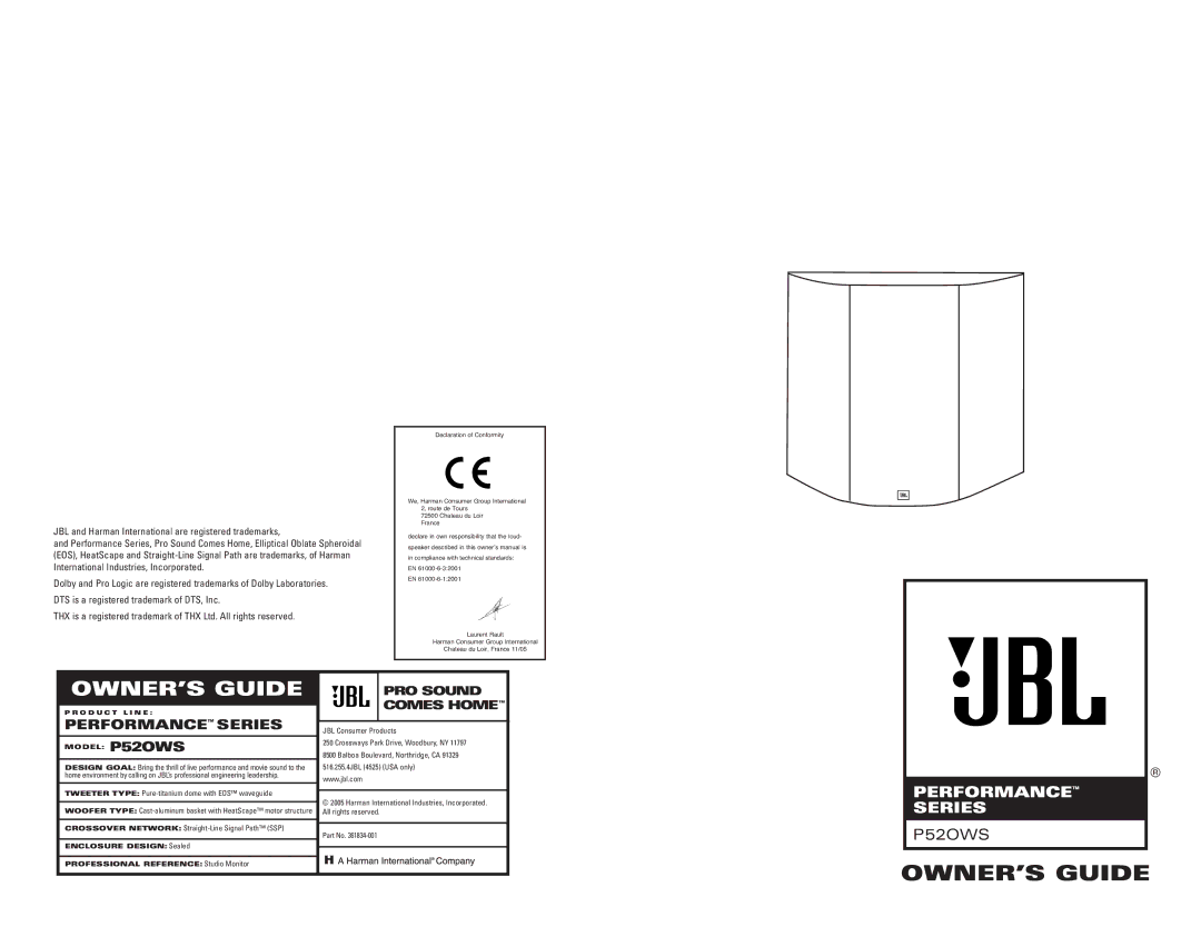 JBL P52OWS owner manual OWNER’S Guide, JBL and Harman International are registered trademarks 