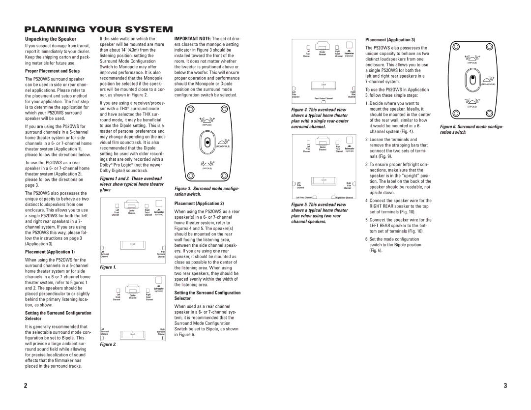 JBL P52OWS owner manual Planning Your System, Proper Placement and Setup, Placement Application 