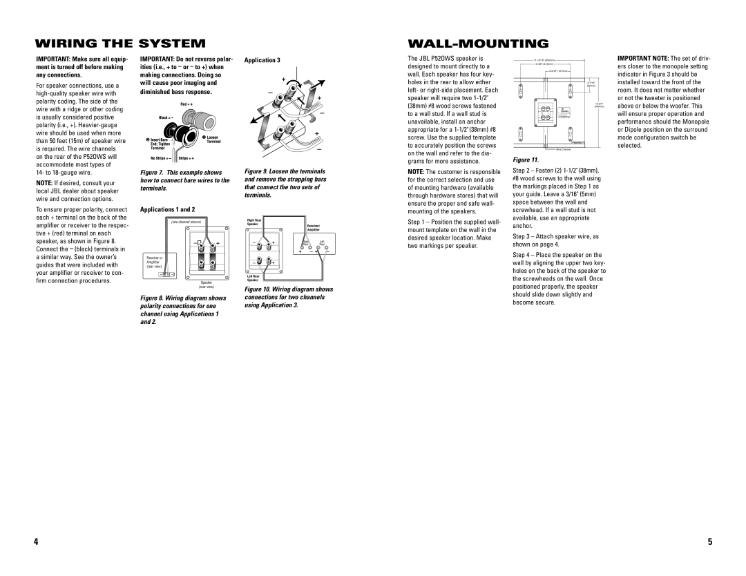 JBL P52OWS owner manual Wiring the System WALL-MOUNTING, To 18-gauge wire, Applications 1, Attach speaker wire, as shown on 