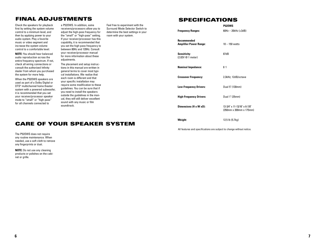 JBL P52OWS owner manual Final Adjustments Specifications, Care of Your Speaker System, Weight 12.5 lb 5.7kg 