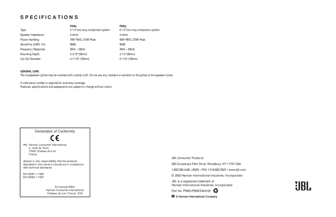 JBL P550c, P650c owner manual Specifications, General Care 