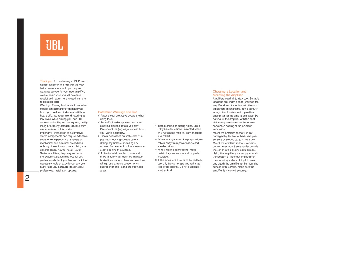 JBL P180.2, P80.4, P80.2, BP1200.1, BP150.1 Installation Warnings and Tips, Choosing a Location Mounting the Amplifier 