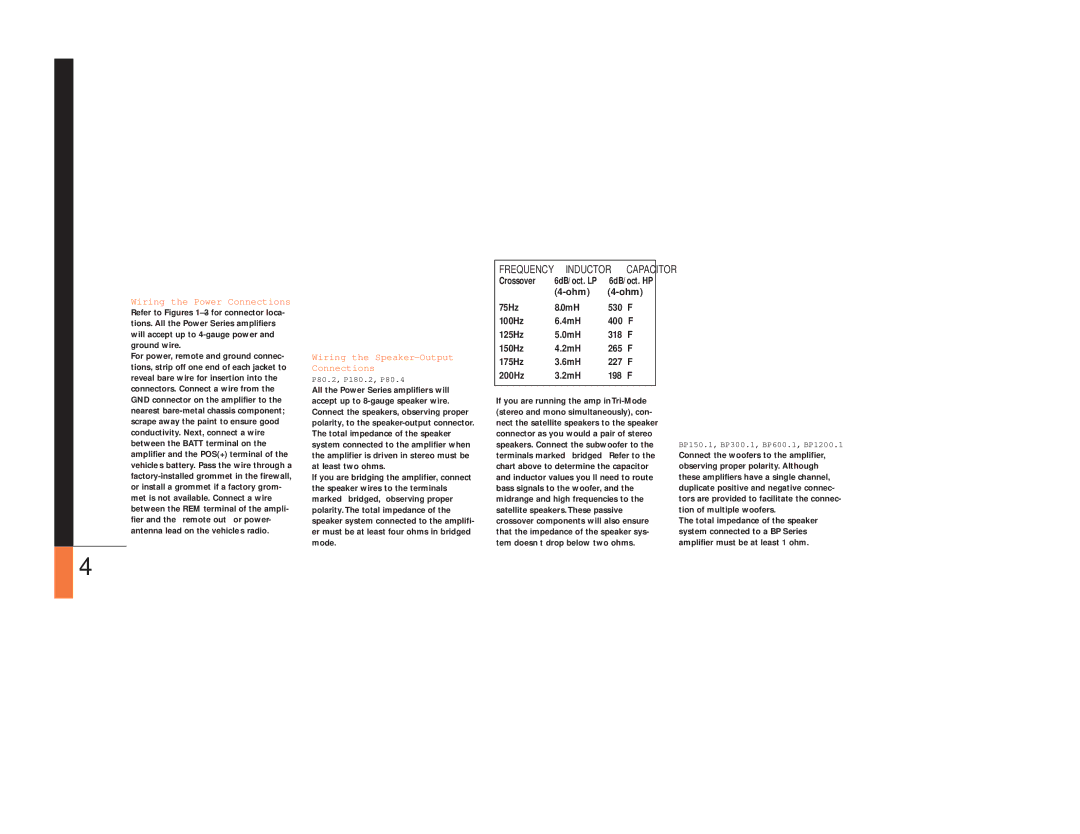 JBL BP150.1, BP1200.1, BP600.1 Wiring the Power Connections, Wiring the Speaker-Output Connections, P80.2, P180.2, P80.4 