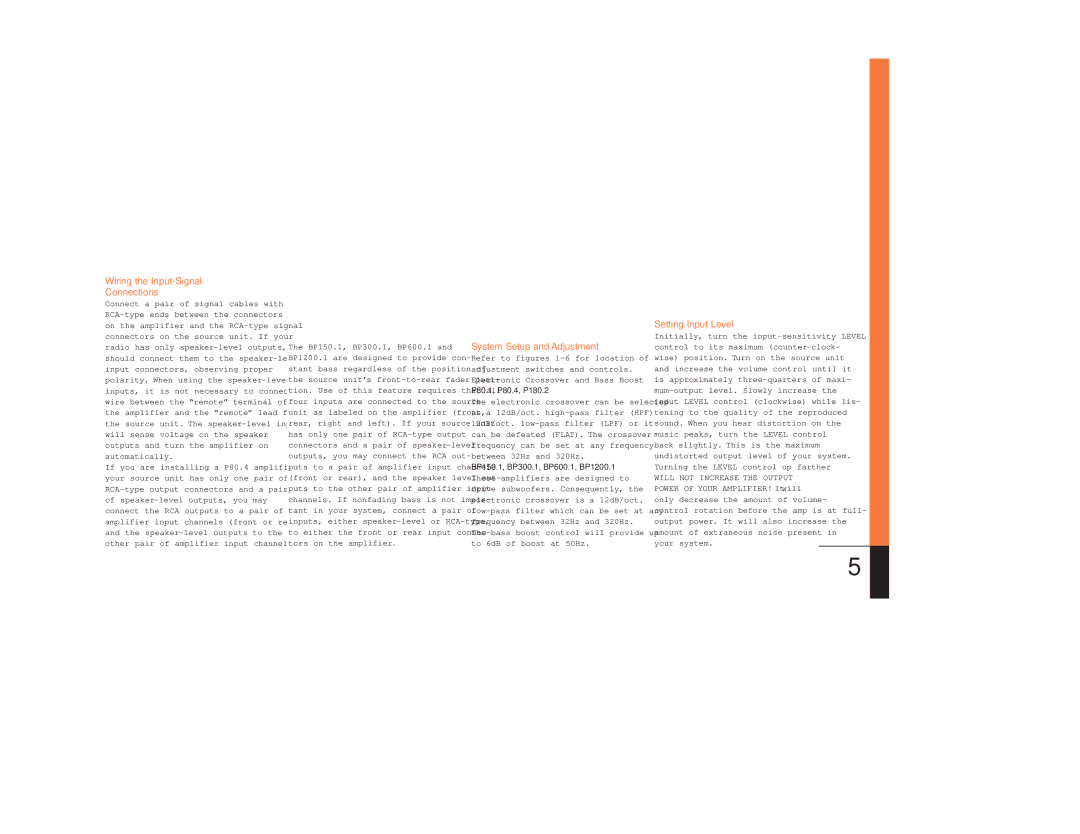 JBL BP600.1 Wiring the Input-Signal Connections, System Setup and Adjustment, Setting Input Level, P80.1, P80.4, P180.2 
