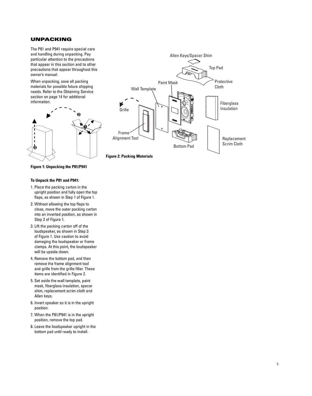 JBL P941, P81 manual Unpacking, Invert speaker so it is in the upright position, Scrim Cloth 