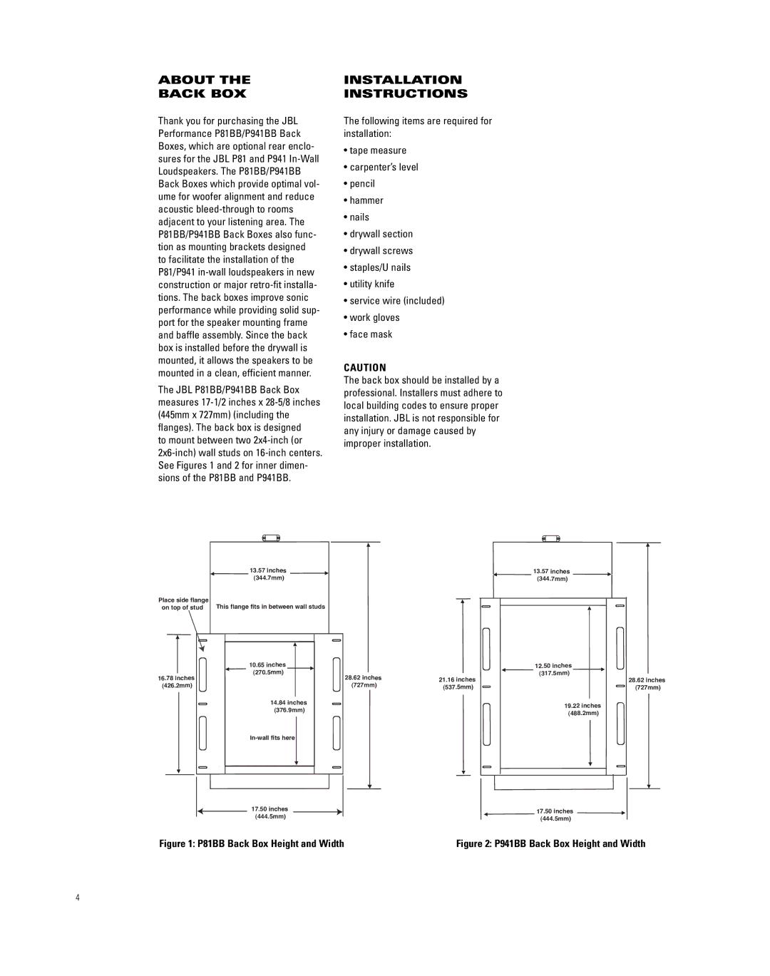 JBL P941BB, P81BB installation instructions About Back BOX, Installation Instructions 