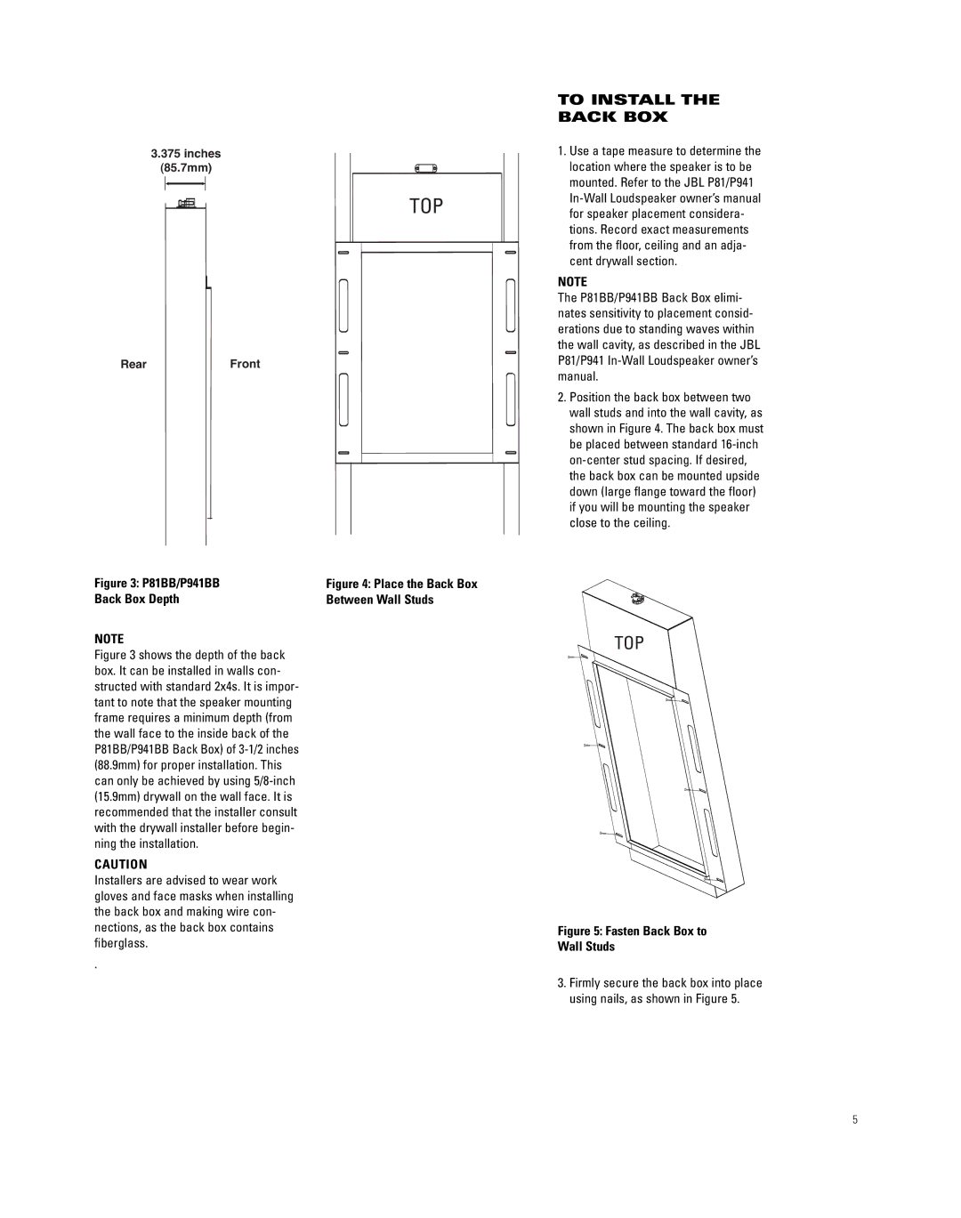 JBL P81BB, P941BB installation instructions To Install the Back BOX, Back Box Depth Between Wall Studs 