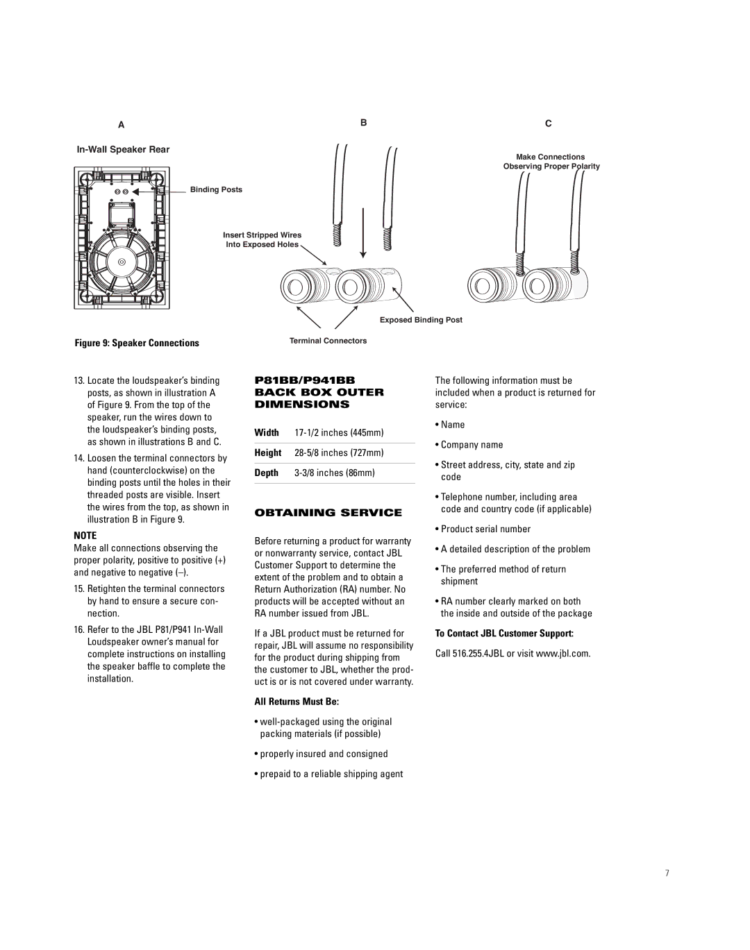 JBL P81BB, P941BB installation instructions All Returns Must Be, To Contact JBL Customer Support 