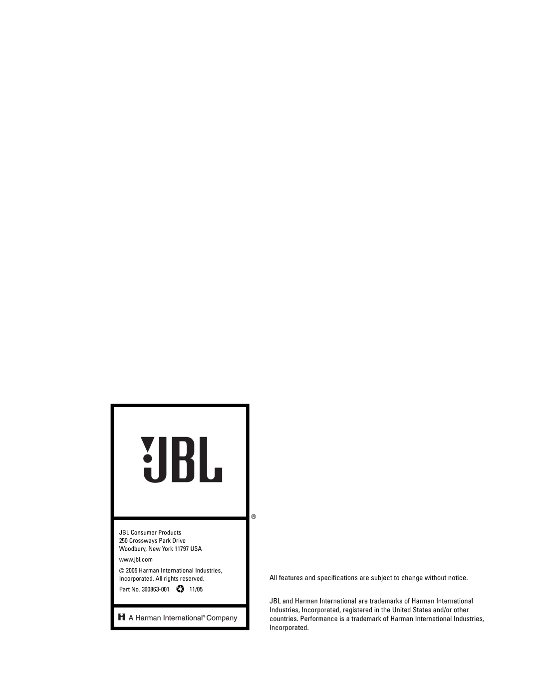 JBL P941BB, P81BB installation instructions 11/05 