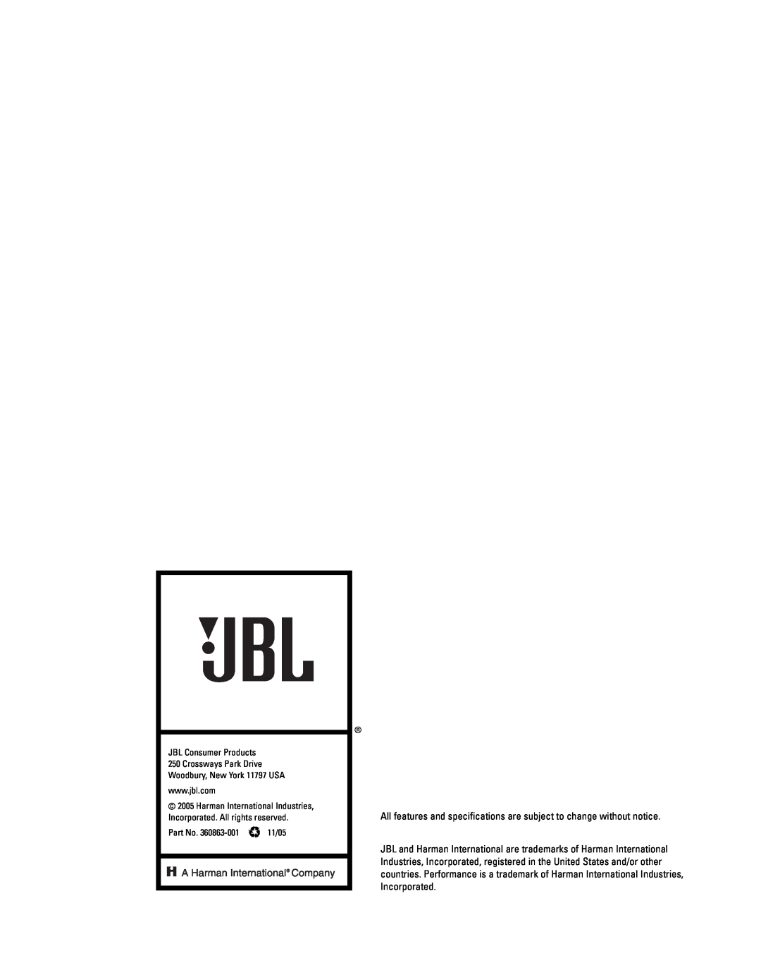 JBL P941BB, P81BB installation instructions JBL Consumer Products 250 Crossways Park Drive, 11/05 