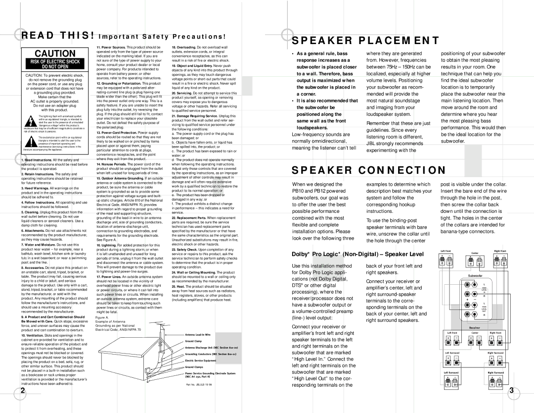 JBL PB10 specifications P o r t a n t S a f e t y P r e c a u t i o n s, Dolby* Pro Logic* Non-Digital Speaker Level 