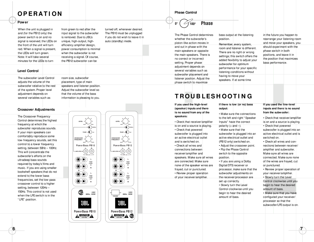 JBL PB10 specifications Power Phase Control, Level Control, Crossover Adjustments 