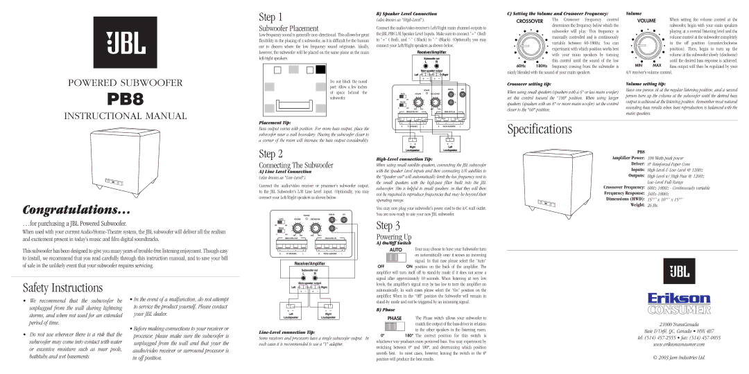 JBL PB8 specifications Speaker Level Connection also knows as High-Level, Setting the Volume and Crossover Frequency 