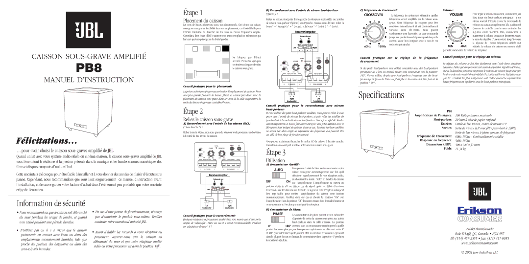 JBL PB8 specifications Raccordement avec l’entrée de niveau haut-parleur, Fréquence de Croisement Volume, Haut-parleur 