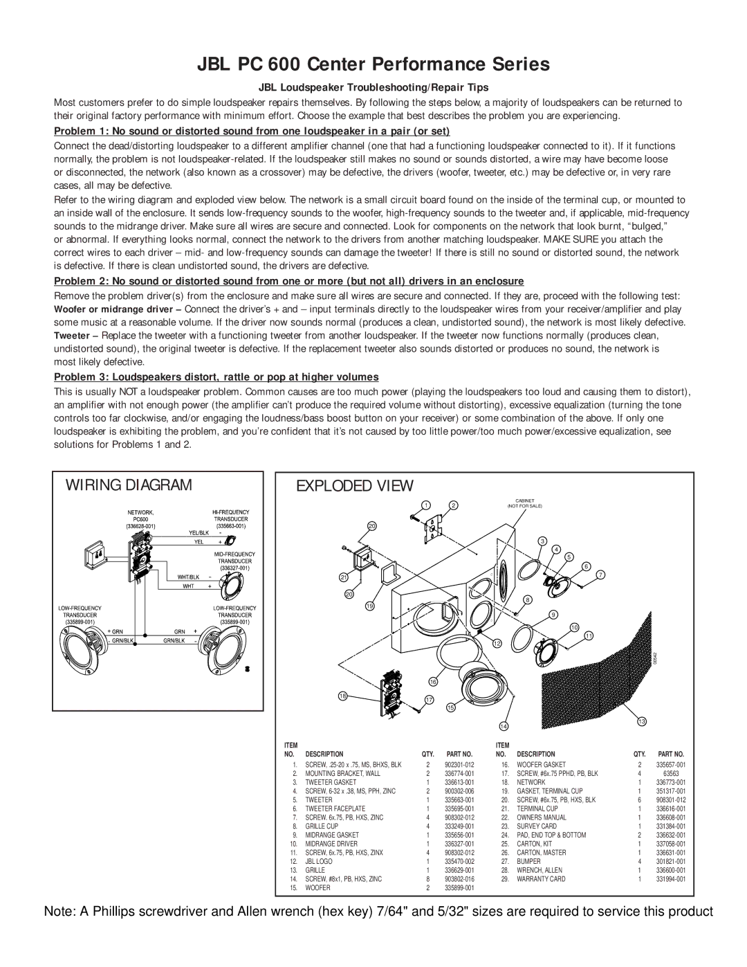 JBL owner manual JBL PC 600 Center Performance Series, Wiring Diagram, Exploded View, Description QTY 