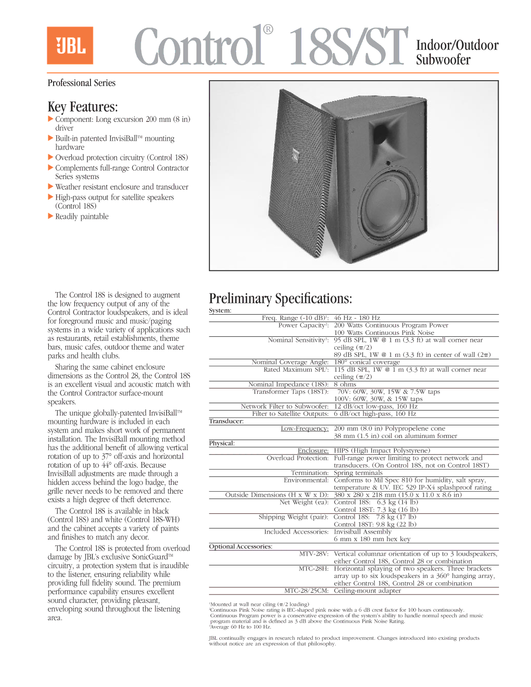 JBL Professional 18S/ST specifications Key Features, Preliminary Speciﬁcations 