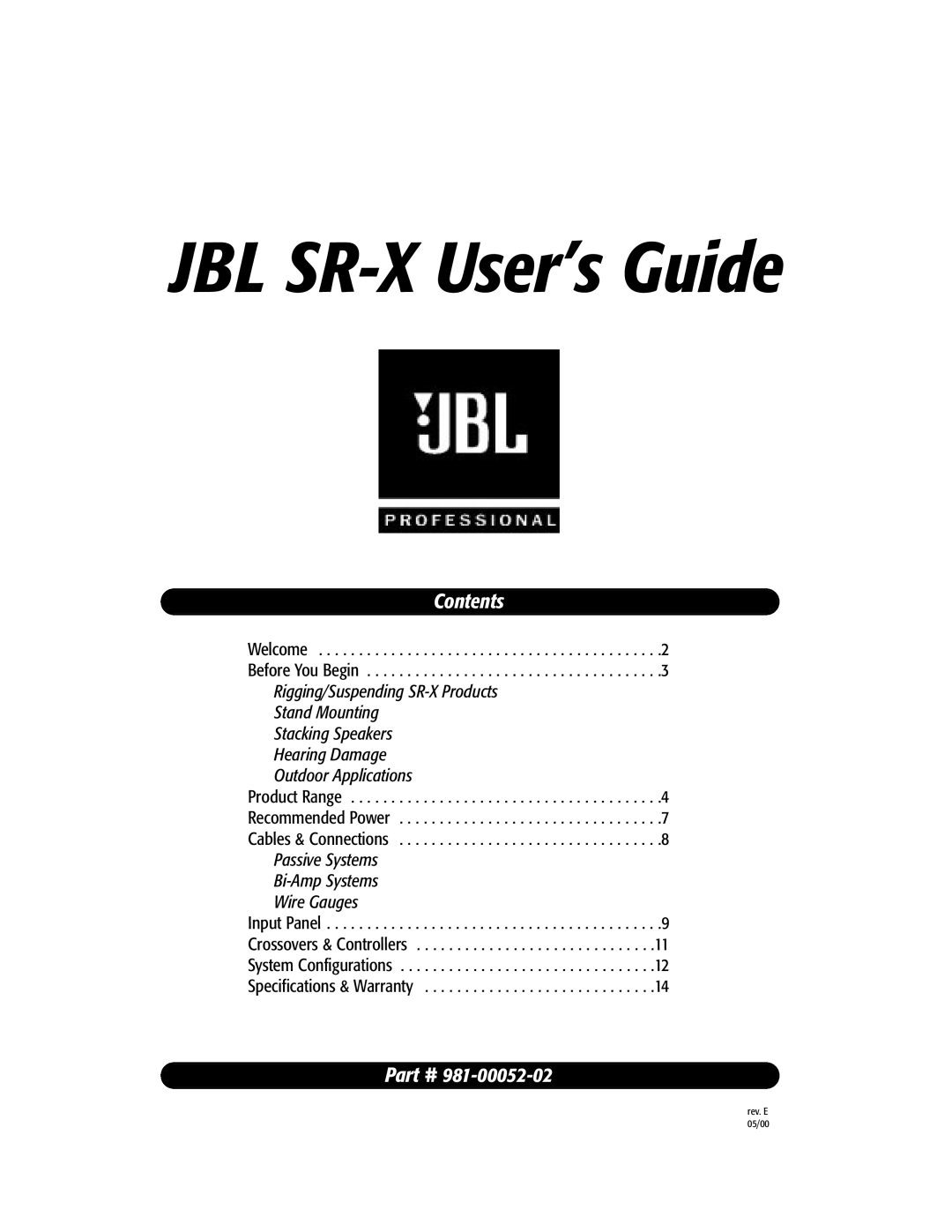 JBL Professional 981-00052-02 specifications Contents 