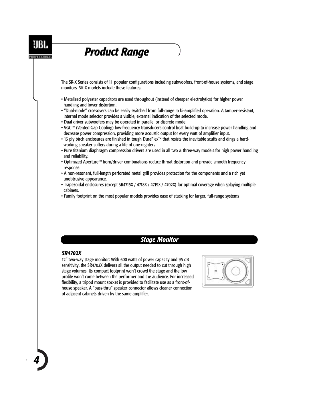 JBL Professional 981-00052-02 specifications Product Range, Stage Monitor, SR4702X 