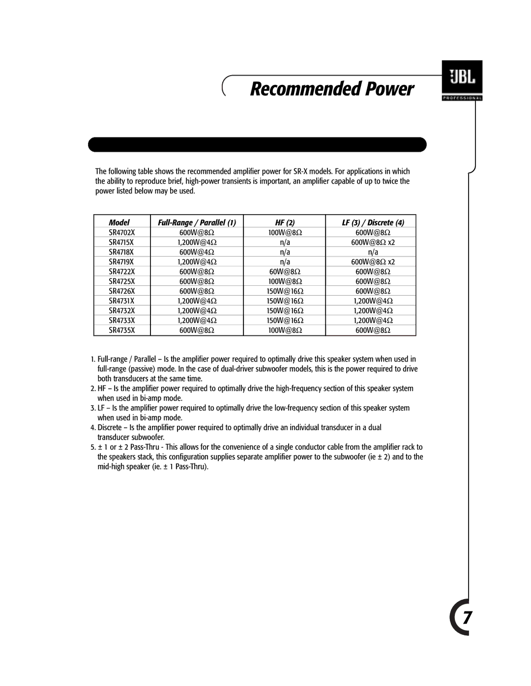 JBL Professional 981-00052-02 specifications Recommended Power, LF 3 / Discrete 