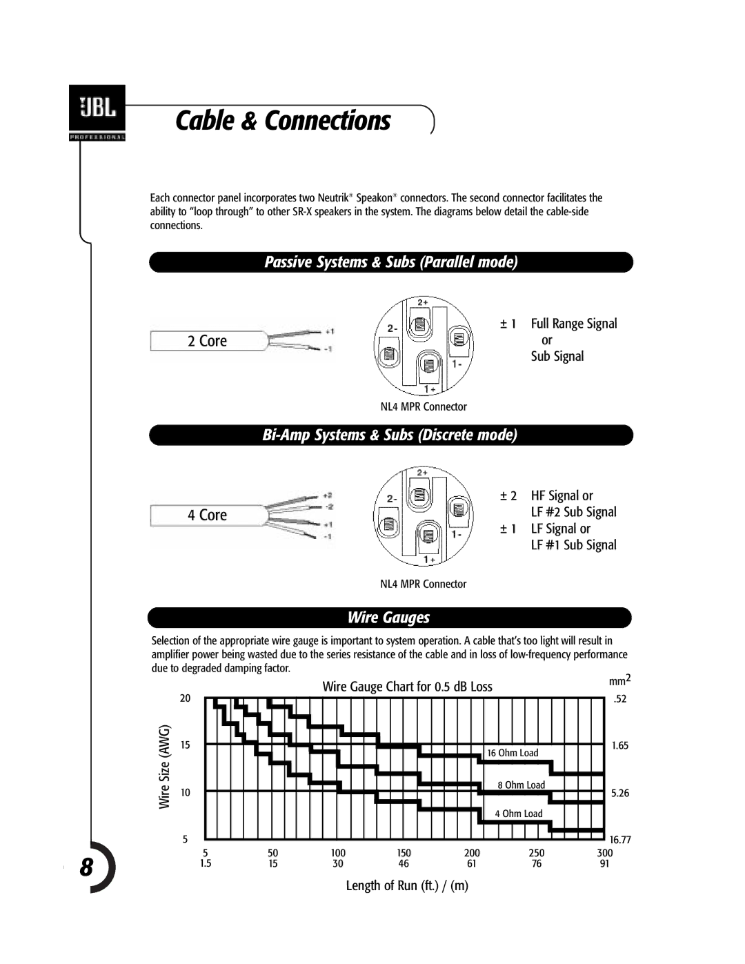 JBL Professional 981-00052-02 specifications Cable & Connections, Passive Systems & Subs Parallel mode, Wire Gauges 