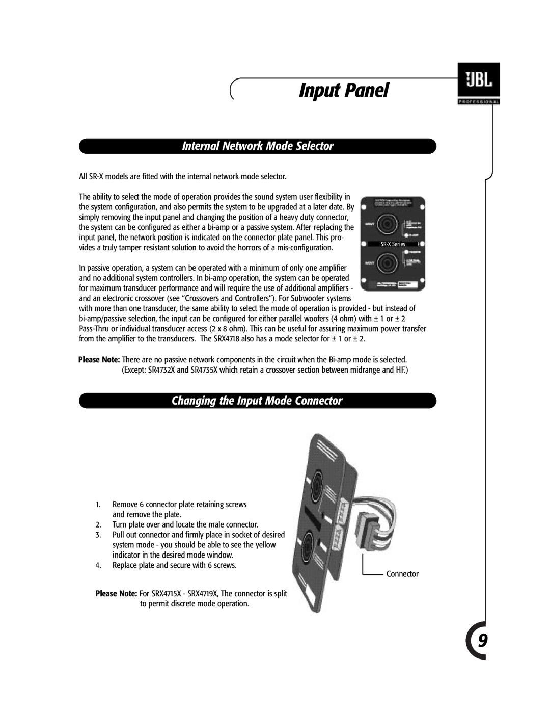 JBL Professional 981-00052-02 specifications Input Panel, Internal Network Mode Selector, Changing the Input Mode Connector 