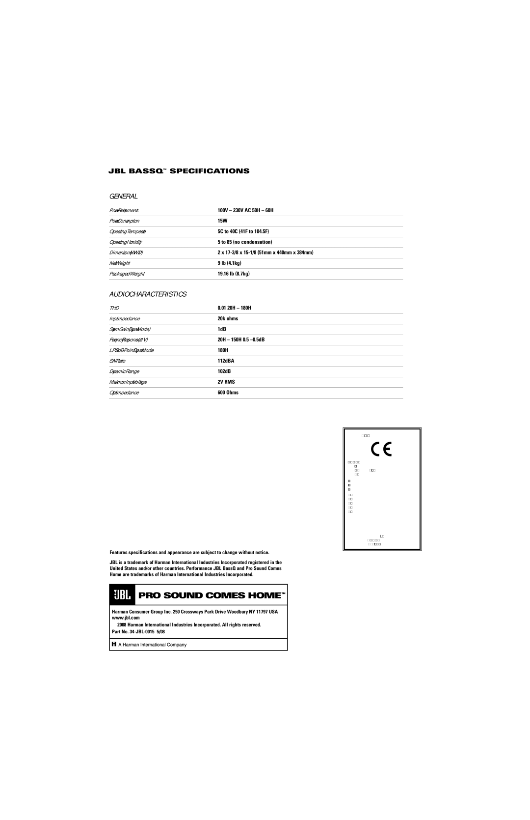 JBL Professional BASSQ manual General, Audio Characteristics, JBL Bassq Specifications 