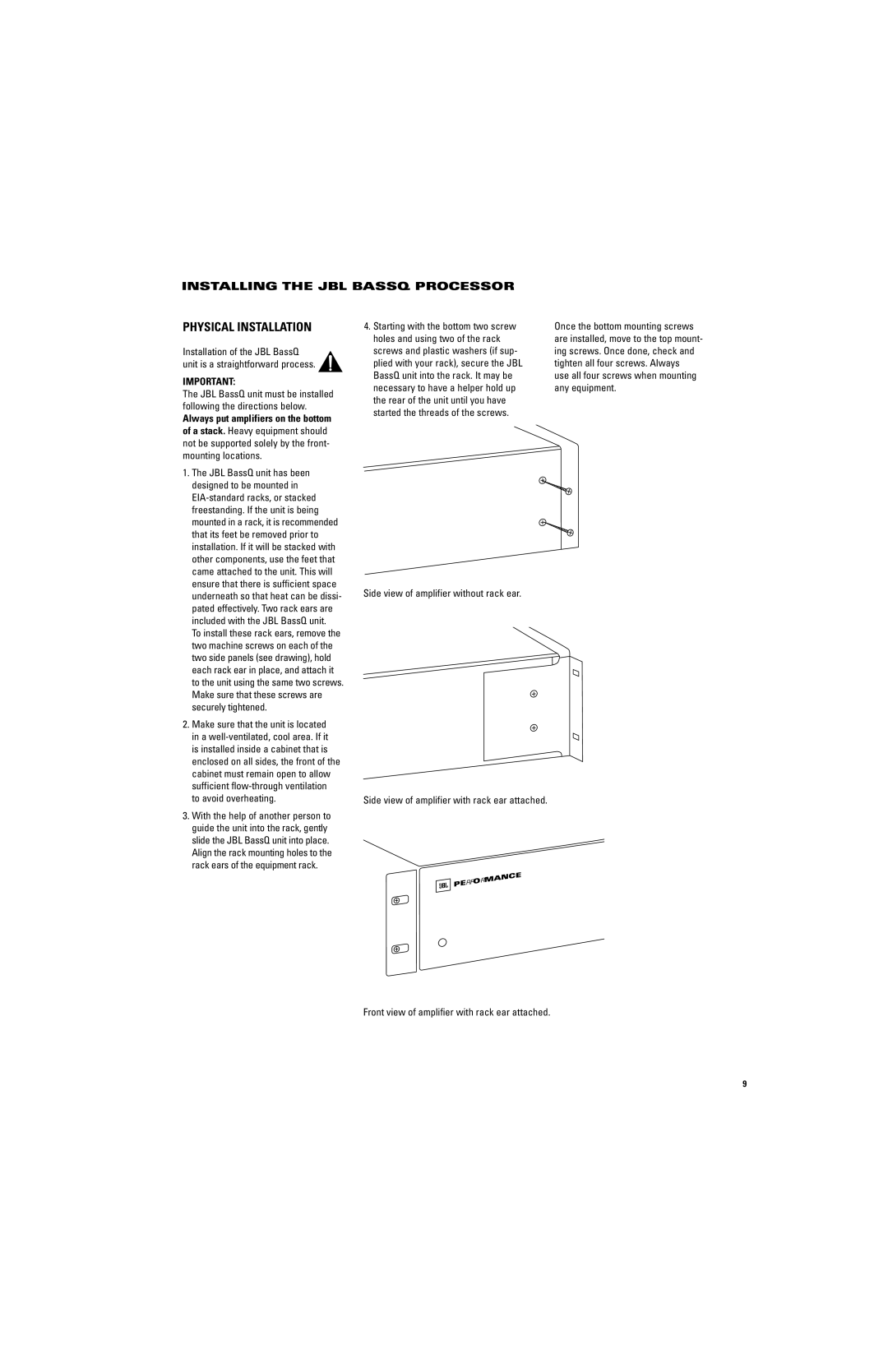 JBL Professional BASSQ Physical Installation, Installing the JBL Bassq Processor, Side view of amplifier without rack ear 