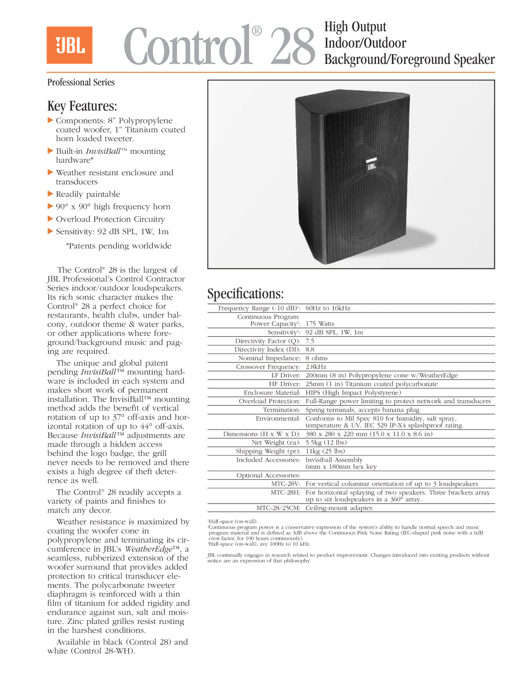 JBL Professional Control 28 specifications Key Features, Speciﬁcations 