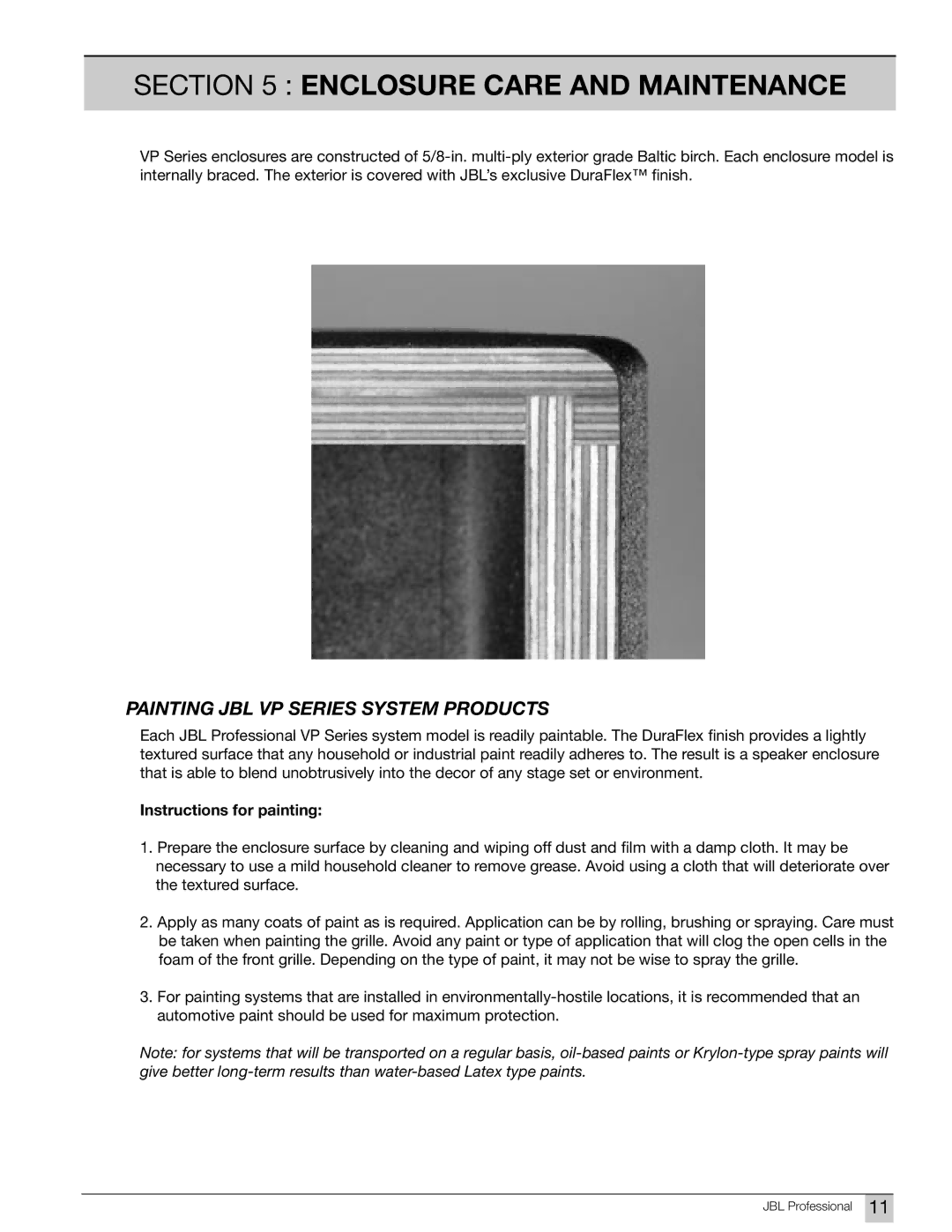 JBL Professional DPC-2 manual Enclosure Care and Maintenance, Instructions for painting 