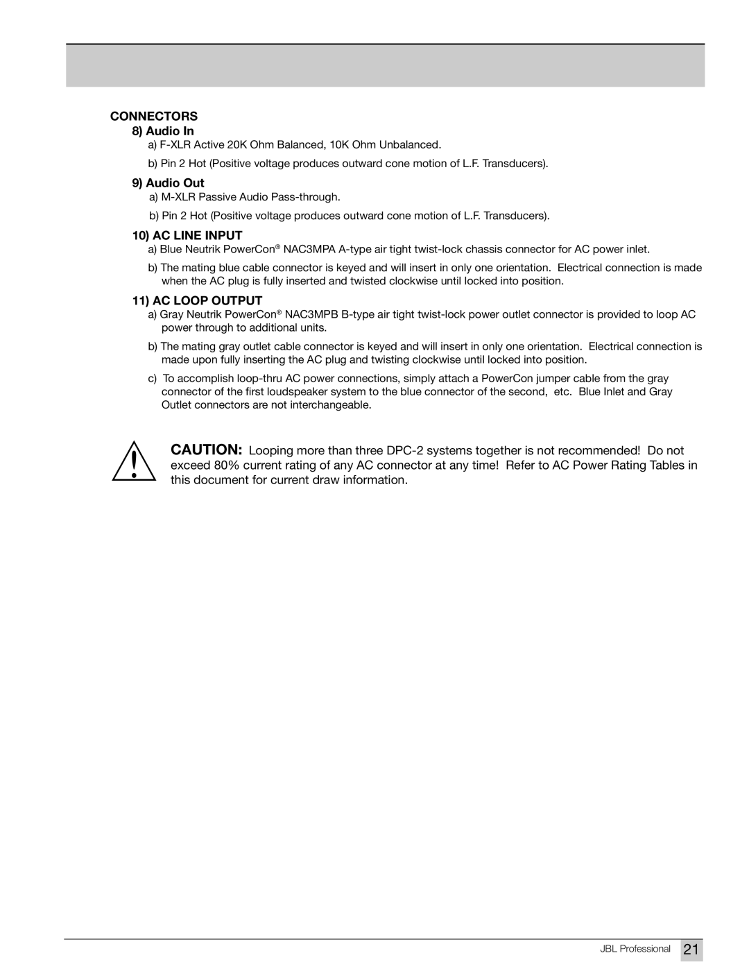 JBL Professional DPC-2 manual Connectors, Audio Out, AC Line Input, AC Loop Output 