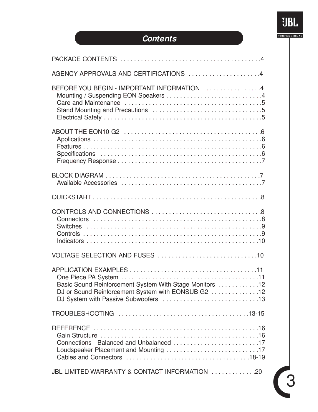 JBL Professional G2 manual Contents 