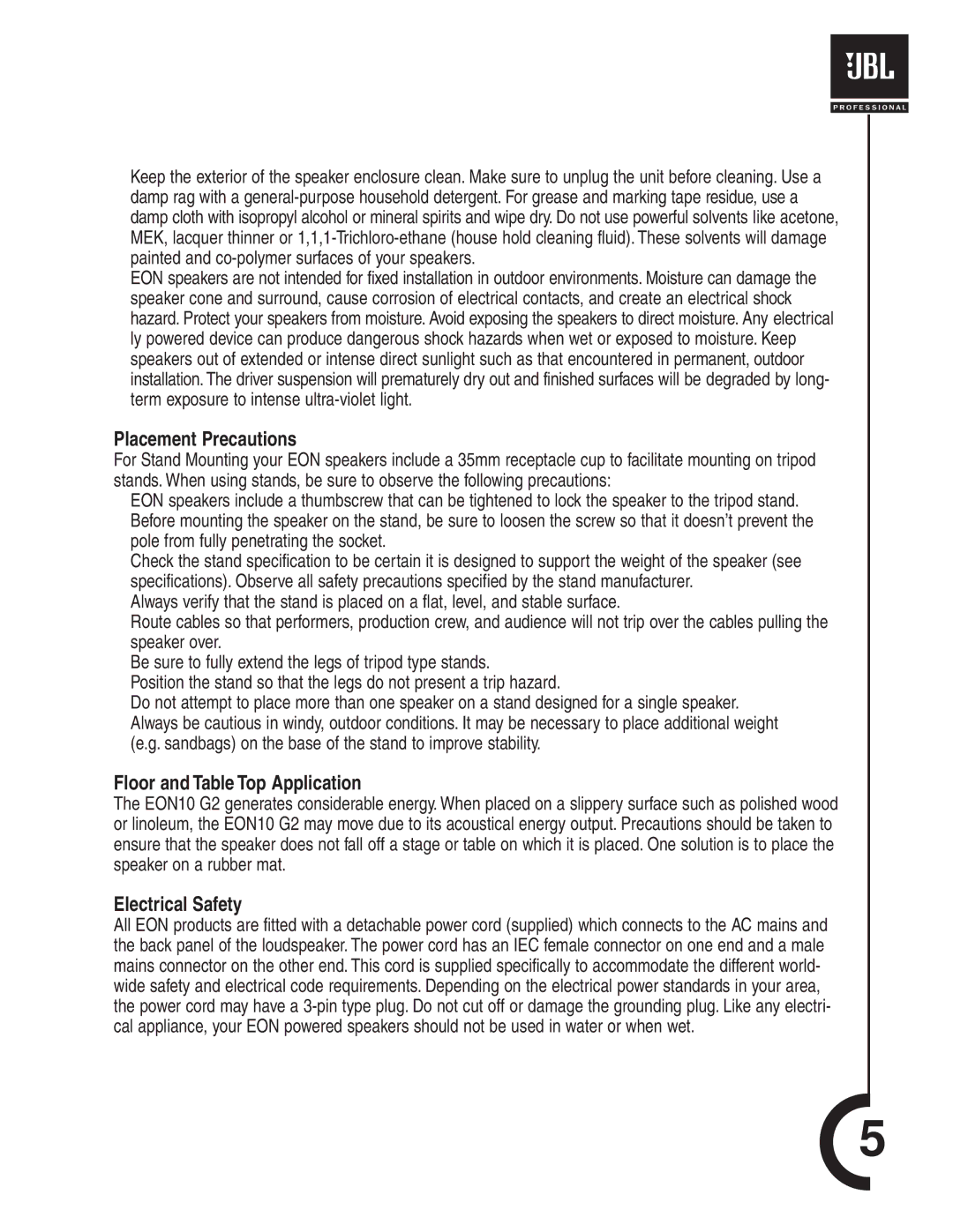 JBL Professional G2 manual Placement Precautions, Floor and Table Top Application, Electrical Safety 