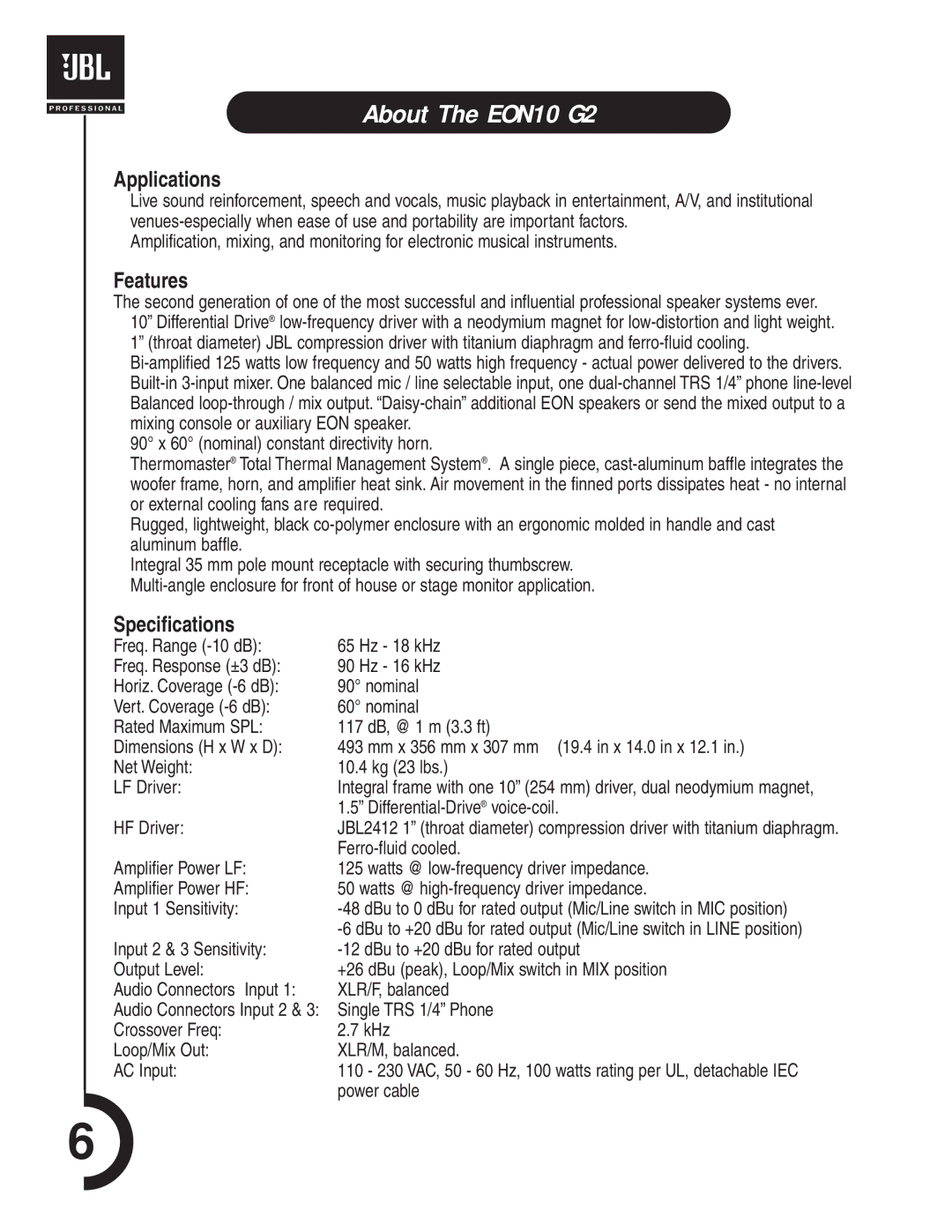 JBL Professional manual About The EON10 G2, Applications, Features, Specifications 