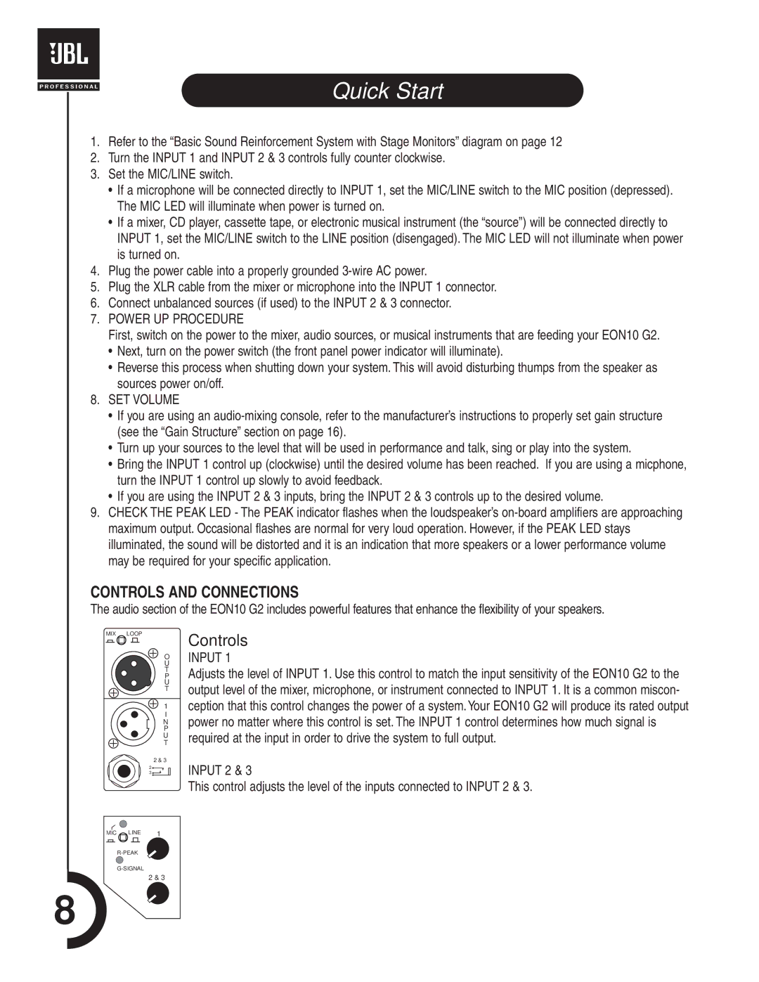 JBL Professional G2 manual Quick Start, Power UP Procedure 