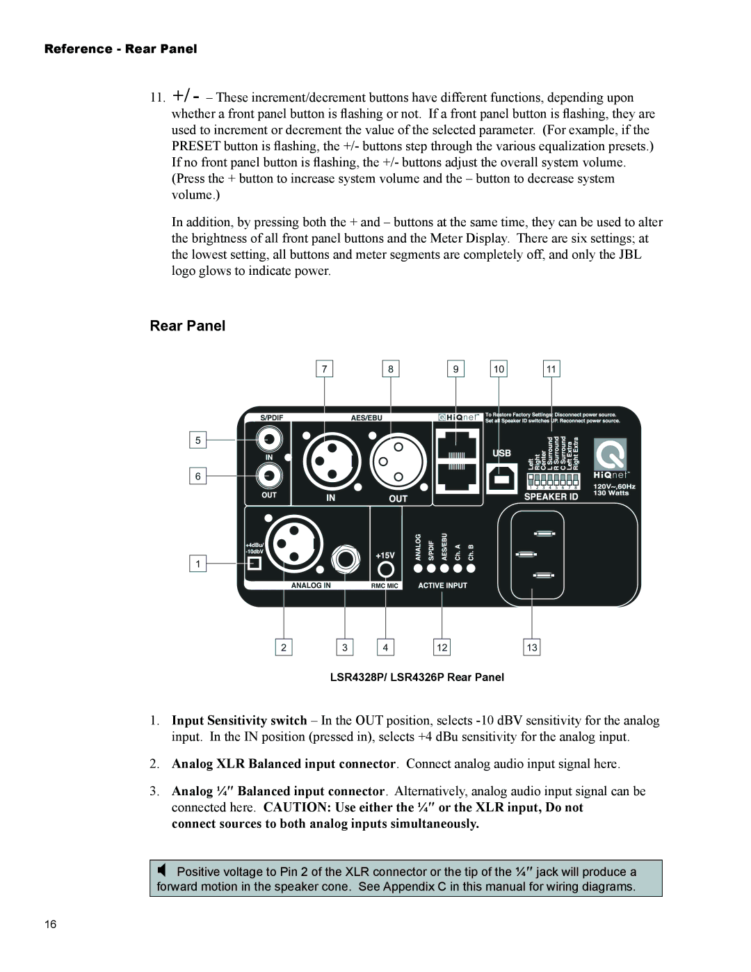 JBL Professional LSR4328P, LSR4326P owner manual Rear Panel 