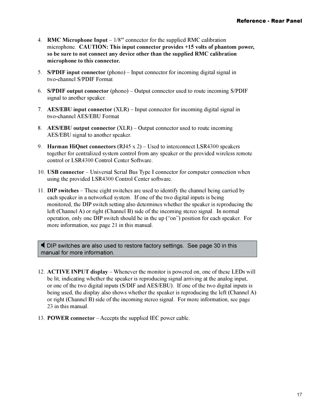 JBL Professional LSR4326P, LSR4328P owner manual Reference Rear Panel 