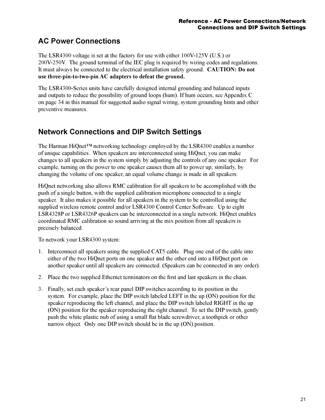 JBL Professional LSR4326P, LSR4328P owner manual AC Power Connections, Network Connections and DIP Switch Settings 