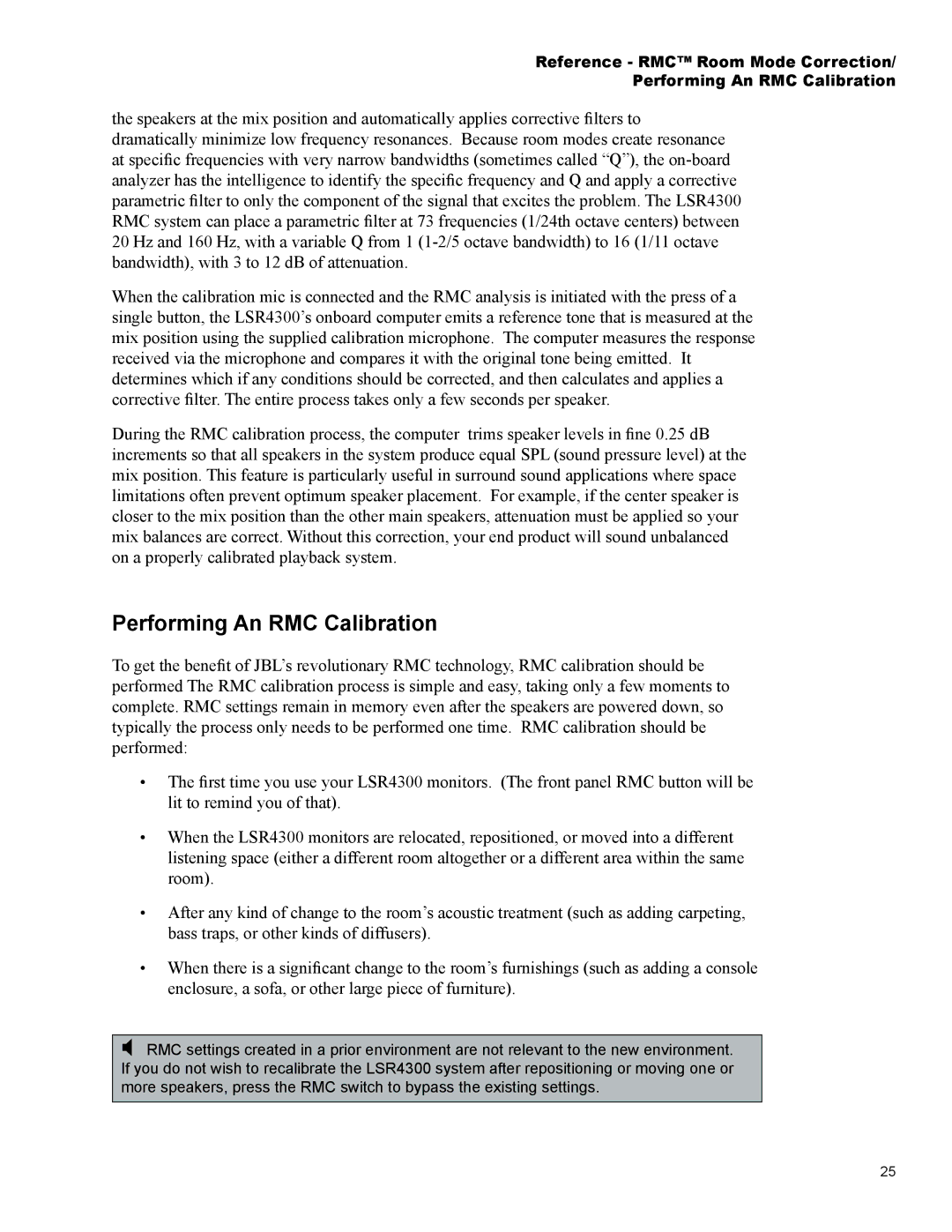 JBL Professional LSR4326P, LSR4328P owner manual Performing An RMC Calibration 