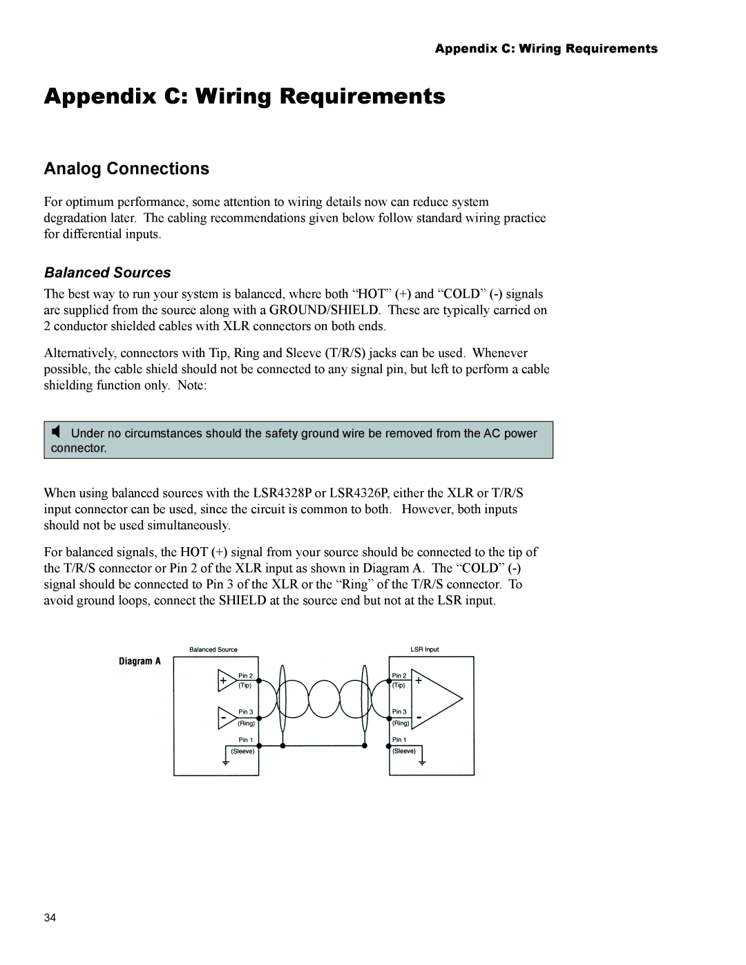 JBL Professional LSR4328P, LSR4326P owner manual Appendix C Wiring Requirements, Analog Connections 