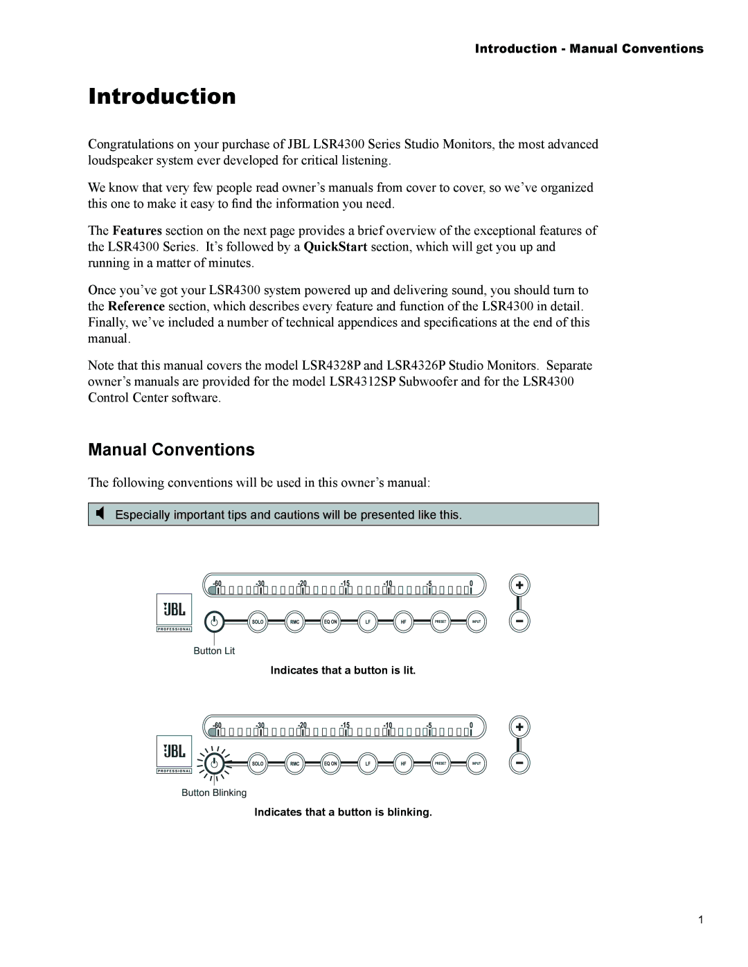 JBL Professional LSR4326P, LSR4328P owner manual Introduction, Manual Conventions 