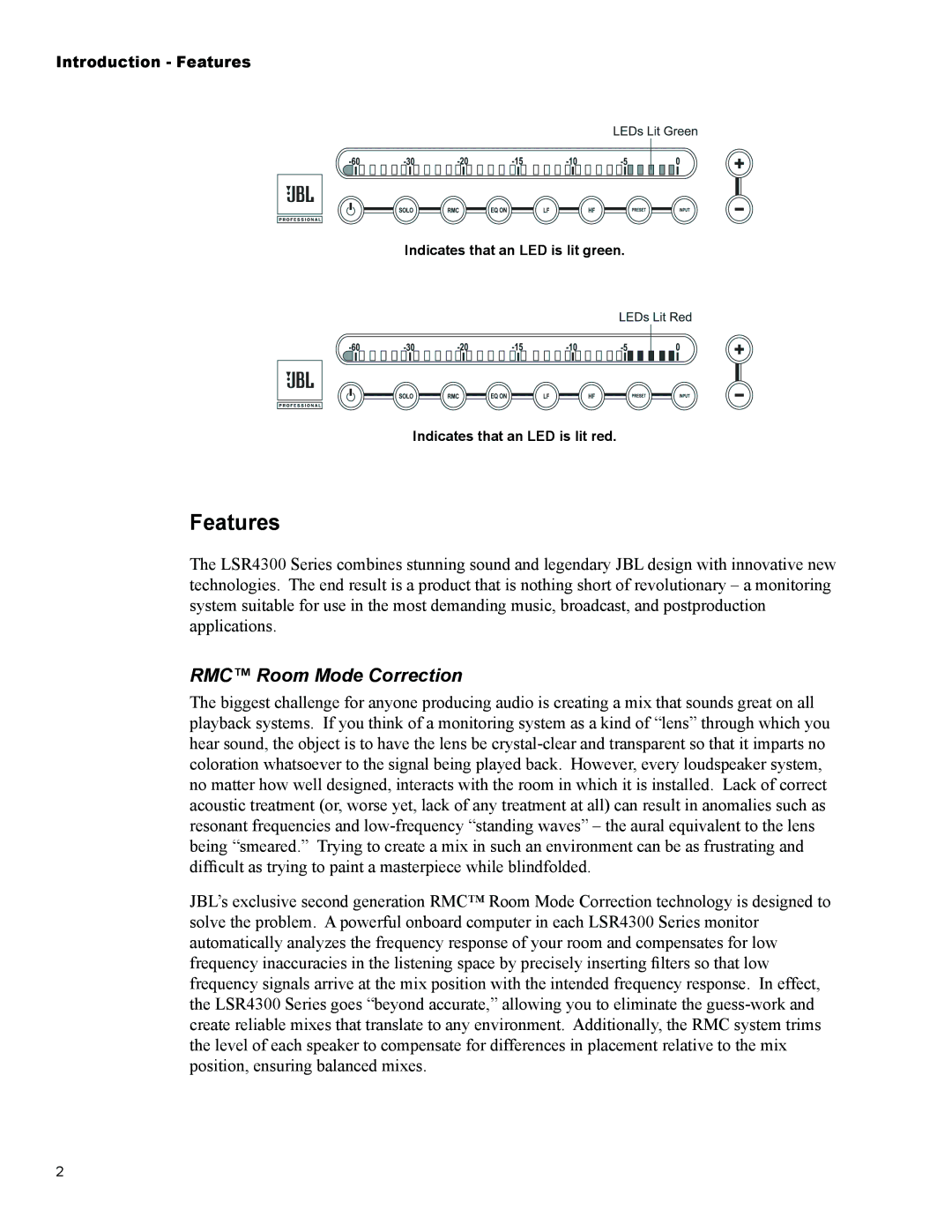 JBL Professional LSR4328P, LSR4326P owner manual Features, RMC Room Mode Correction 