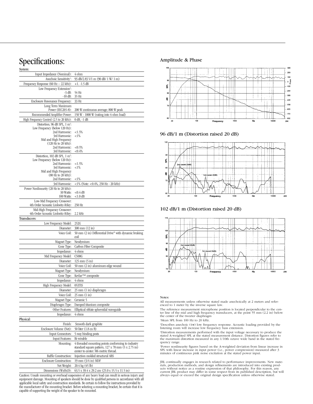 JBL Professional LSR6332 manual Speciﬁcations 