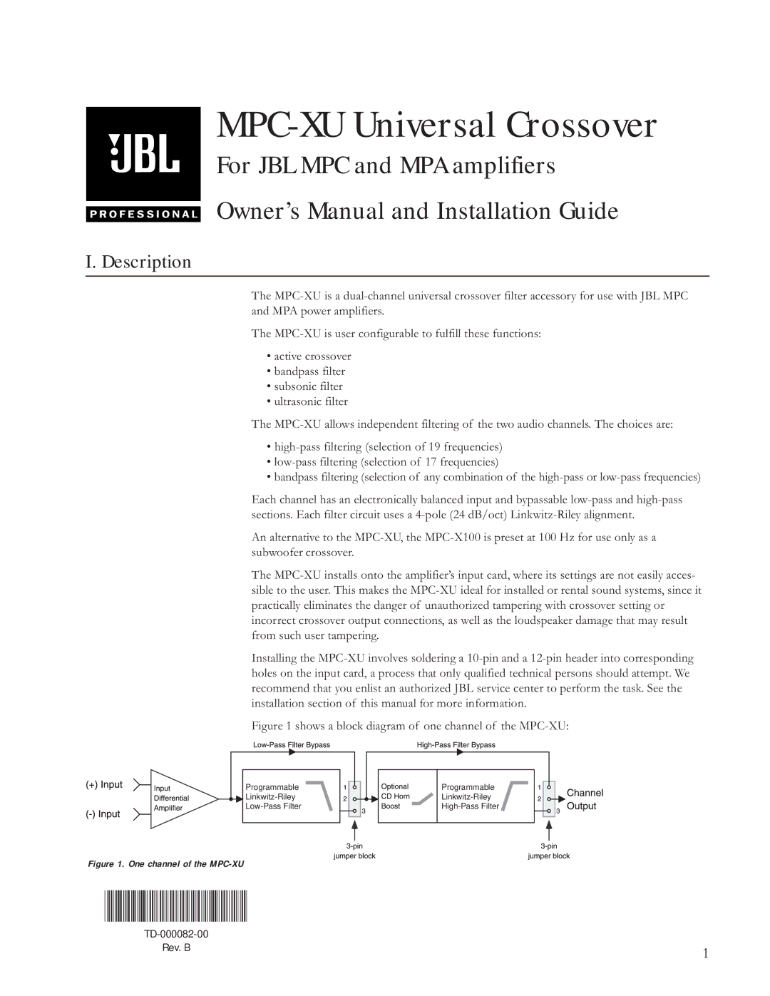 JBL Professional owner manual MPC-XU Universal Crossover, Description 