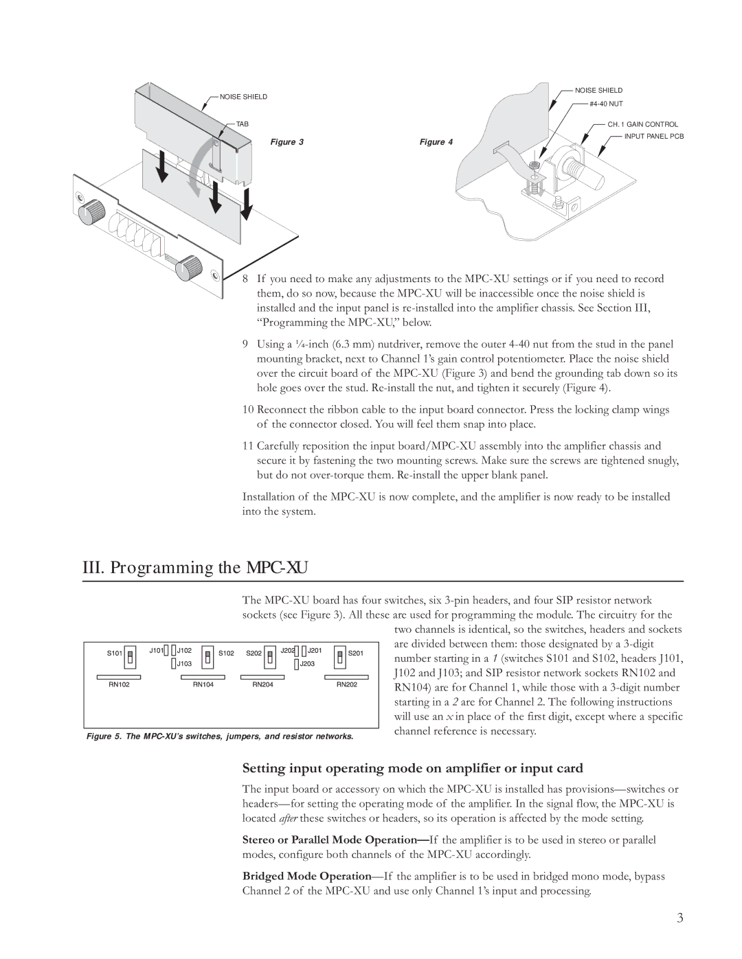 JBL Professional owner manual III. Programming the MPC-XU, Setting input operating mode on amplifier or input card 